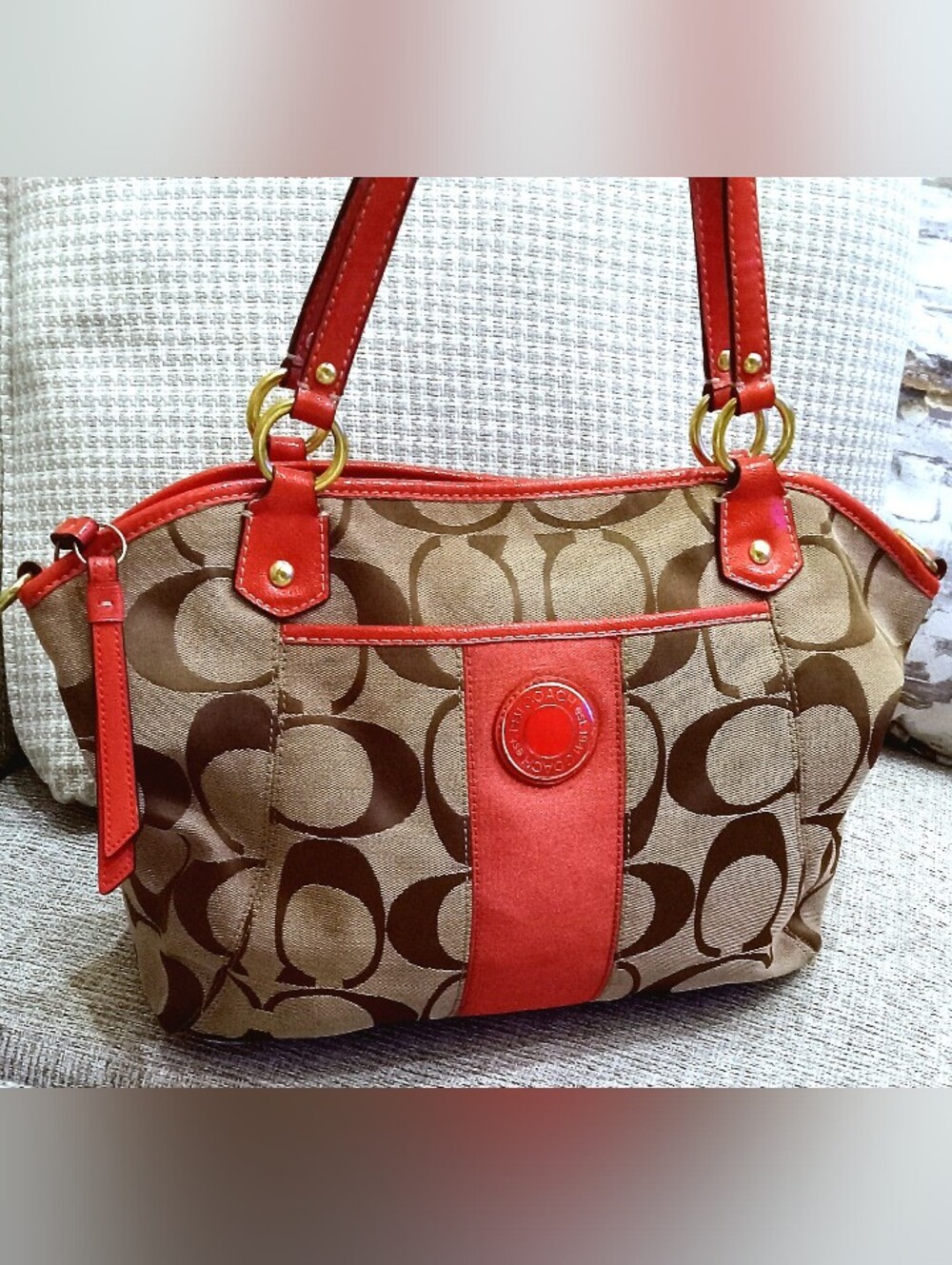 Coach Brown Signature Canvas Shoulder Bag with Coral Trim